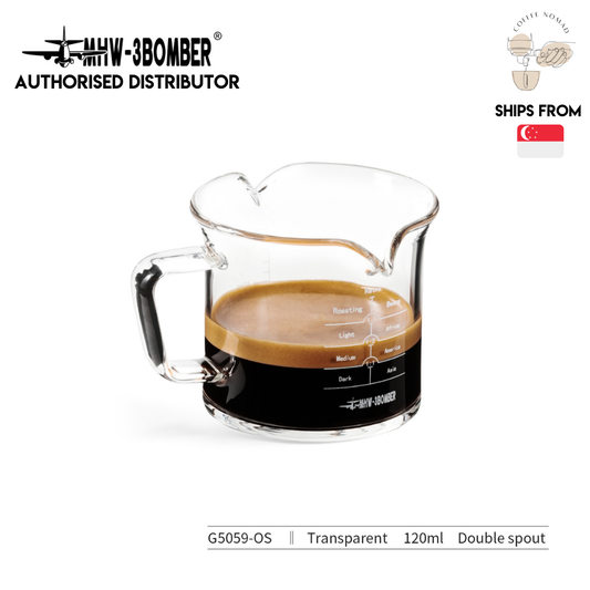 MHW-3BOMBER Double Spout Coffee G Glass Measuring Cups w Handles 120 ml
