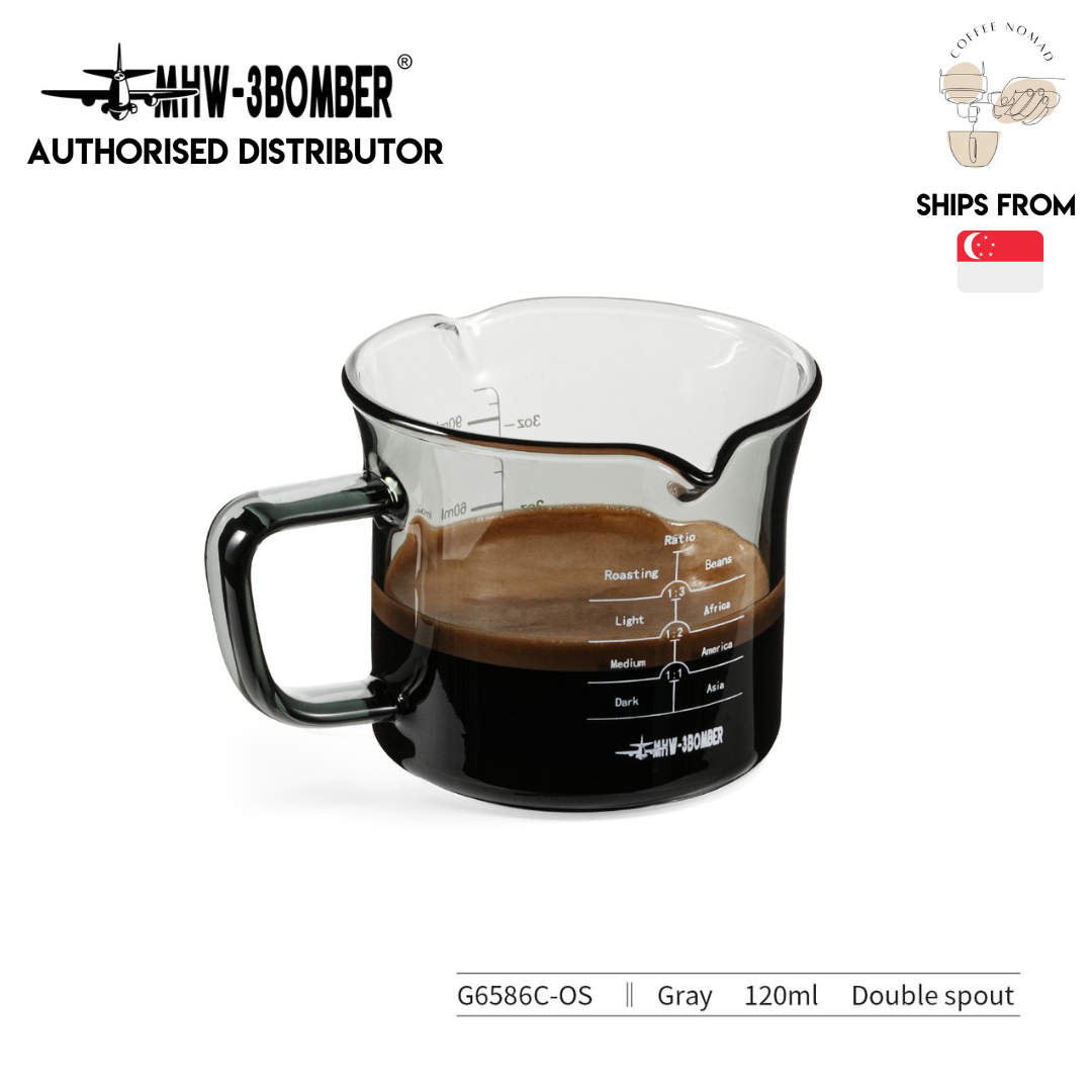 MHW-3BOMBER Double Spout Coffee G Glass Measuring Cups w Handles 120 ml