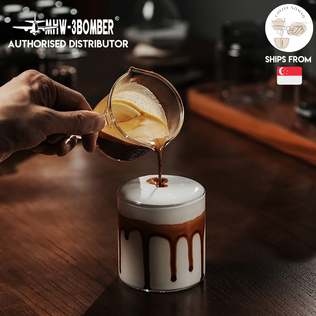 MHW-3BOMBER Double Spout Coffee G Glass Measuring Cups w Handles 120 ml